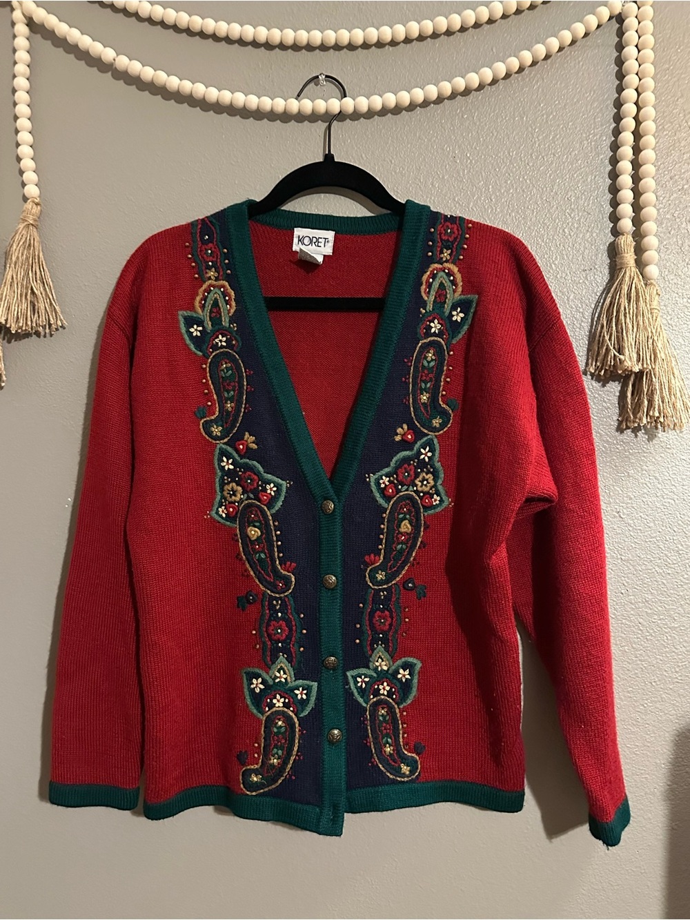 Koret Red Cardigan Sweater with Green & Navy Paisley Embroidery